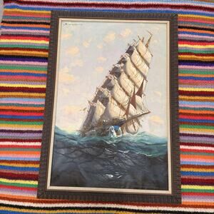 R. Longini 1970's Maritime Sailing Ship Rough Sea Nautical 1970'Painting 29"x41"